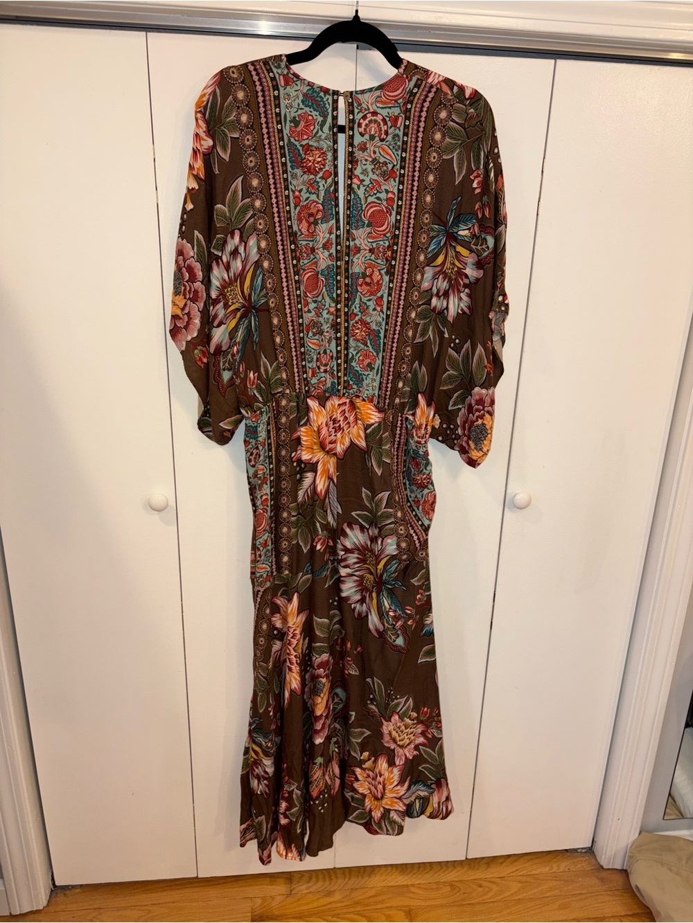 Farm Rio Anthropologie Valentina Maxi Dress Brown Floral V Kimono Large - Picture 4 of 7
